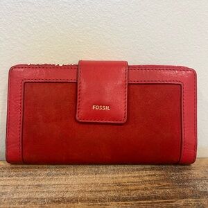 Fossil Logan Wallet Brick Red Suede and Leather